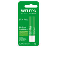 Product  container  of  Weleda  Skin  Food  Lip  Balm  Stick  by  Weleda,  a  lip  balm  indicated  for  repairing  dry  and  chapped  lips.