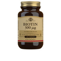 Product  container  of  Solgar  Biotin  300  µg  Tablets  by  Solgar,  a  tablet  indicated  for  hair,  skin,  and  nail  health.