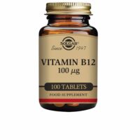 Box  of  Solgar  Vitamin  B12  100µg  Tablets  by  Solgar,  a  dietary  supplement  indicated  for  energy  levels  and  the  immune  system.