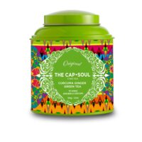 Product  container  of  The  Capsoul  Green  Tea,  Ginger  and  Turmeric  by  The  Capsoul,  a  loose  tea  indicated  for  digestive  support.