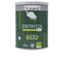Product  container  of  Drasanvi  Eritritol  Bio  Keto  by  Drasanvi,  a  natural  sweetener  indicated  for  ketogenic  and  low-carb  diets.