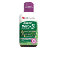 Bottle  of  Forté  Pharma  Detox  5  Organs  Global  Action  by  Forté  Pharma,  a  liquid  supplement  indicated  for  body  detoxification.