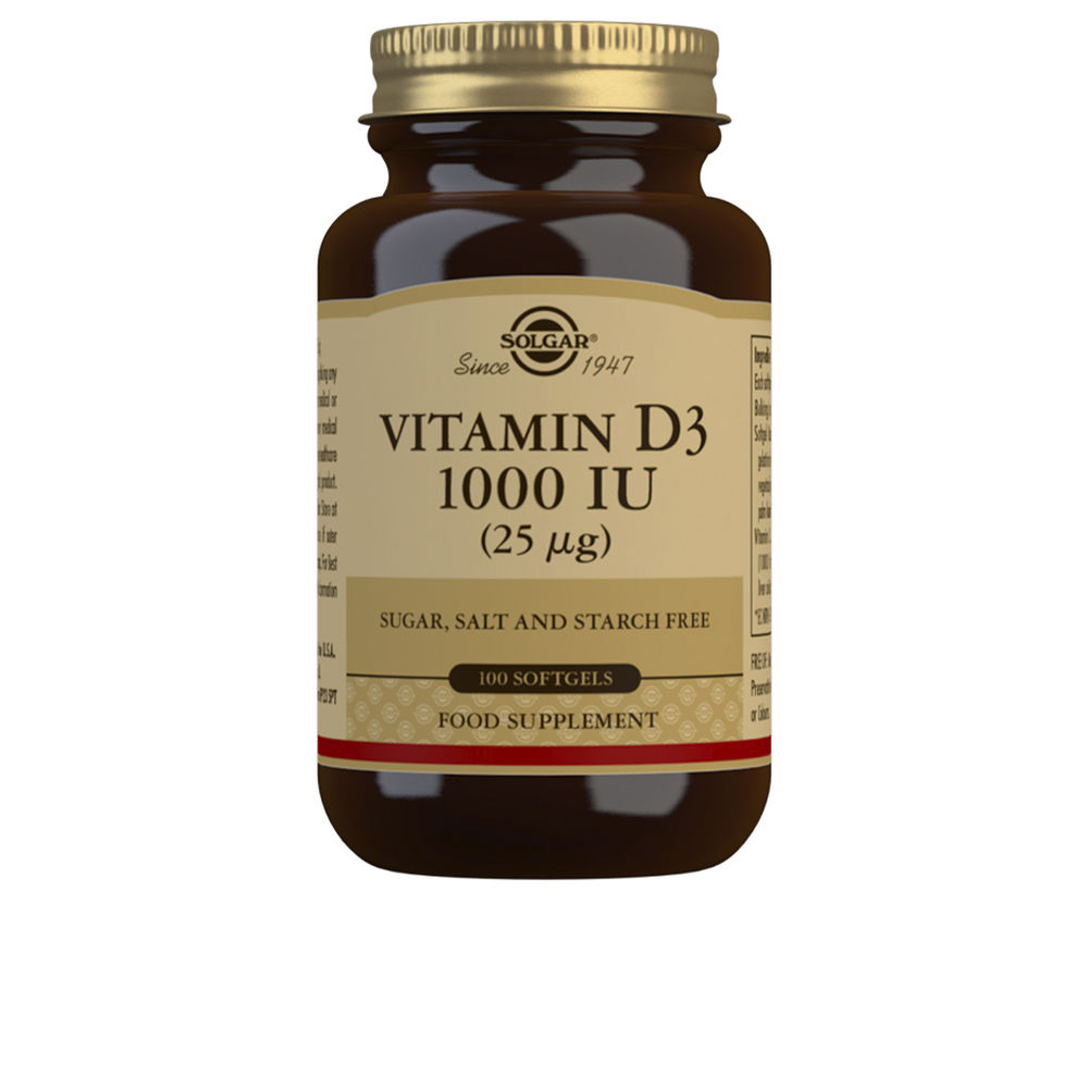 173787-1.jpg Product container of Solgar Vitamin D3 1000 IU Softgels by Solgar, a softgel indicated for bone health and immune function.