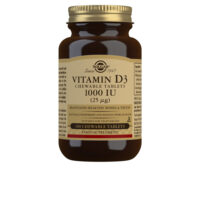 Bottle  of  Solgar  Vitamin  D3  1000  IU  25  µg  Chewable  Tablets  by  Solgar,  a  chewable  tablet  indicated  for  bone  and  immune  support.