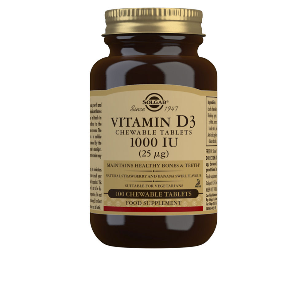 173795.jpg Bottle of Solgar Vitamin D3 1000 IU 25 µg Chewable Tablets by Solgar, a chewable tablet indicated for bone and immune support.