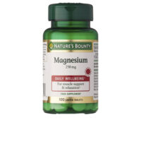 Bottle  of  Natures  Bounty  Magnesium  250  mg  100  Tablets,  a  mineral  supplement  indicated  for  bone  health  and  energy  metabolism.