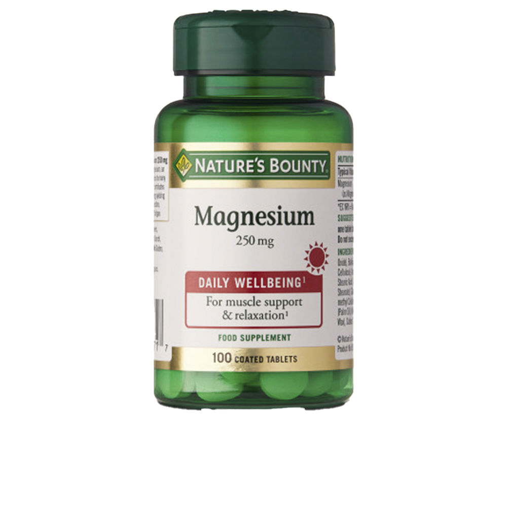 189084.jpg Bottle of Natures Bounty Magnesium 250 mg 100 Tablets, a mineral supplement indicated for bone health and energy metabolism.