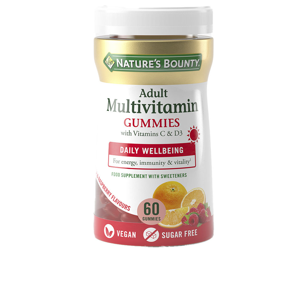 189085.jpg Bottle of Natures Bounty Adult Multivitamin with Vitamins B and D3 60 Gummies, a gummy supplement indicated for energy and immunity.