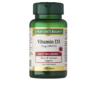 Bottle  of  Natures  Bounty  Vitamin  D3  1000  IU  100  Tablets,  a  supplement  indicated  for  bone  health  and  immune  function.