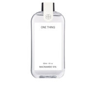Bottle  of  Niacinamide  10%  Tonic  by  One  Thing,  a  facial  tonic  indicated  for  brightening  and  smoothing  skin  texture.