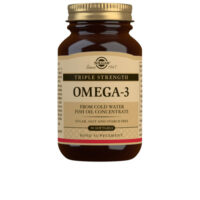 Box  of  Omega  3  Triple  Concentration  by  Solgar,  a  softgel  supplement  indicated  for  cardiovascular  and  brain  health  support.