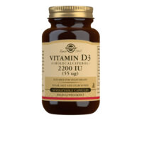 Product  container  of  Solgar  Vitamin  D3  2200  IU  by  Solgar,  a  vegetable  capsule  indicated  for  bone  and  immune  health.