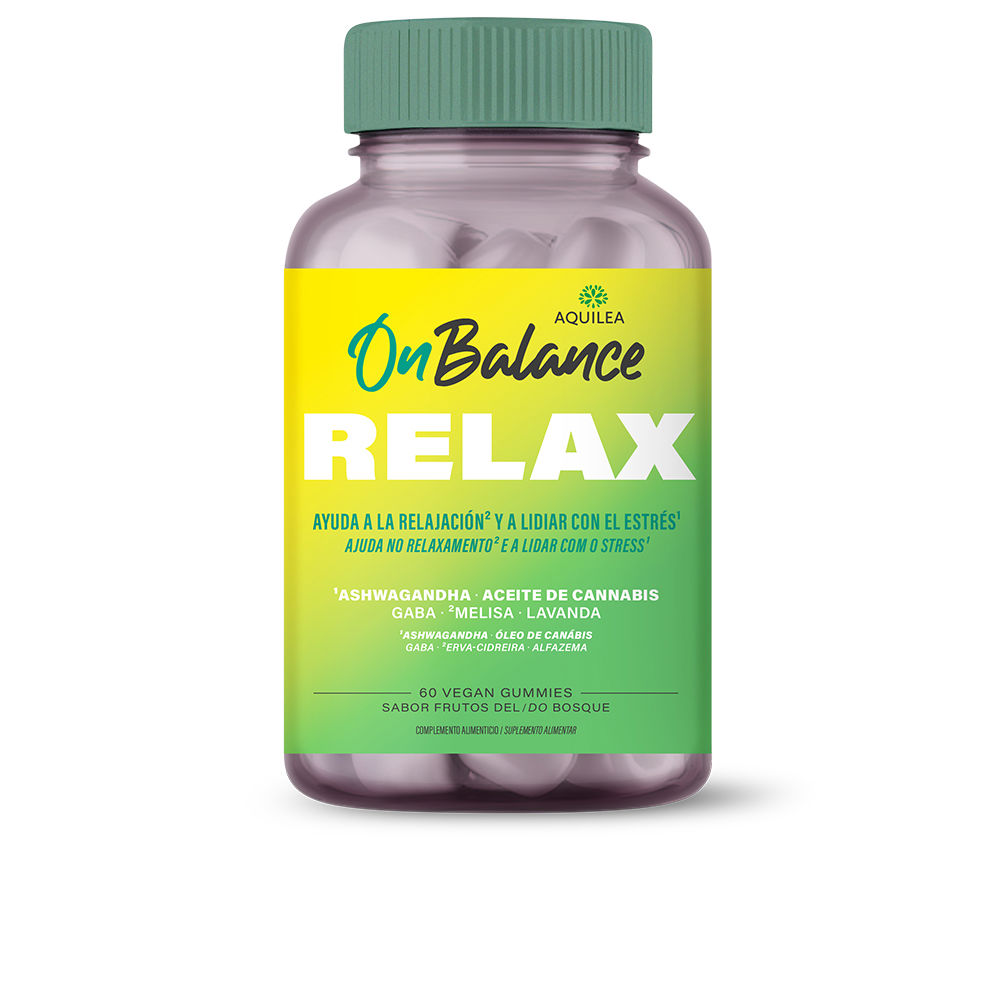 204839.jpg Product container of Aquilea Onbalance Relax Gummies by Aquilea, a gummy supplement indicated for calm and relaxation.