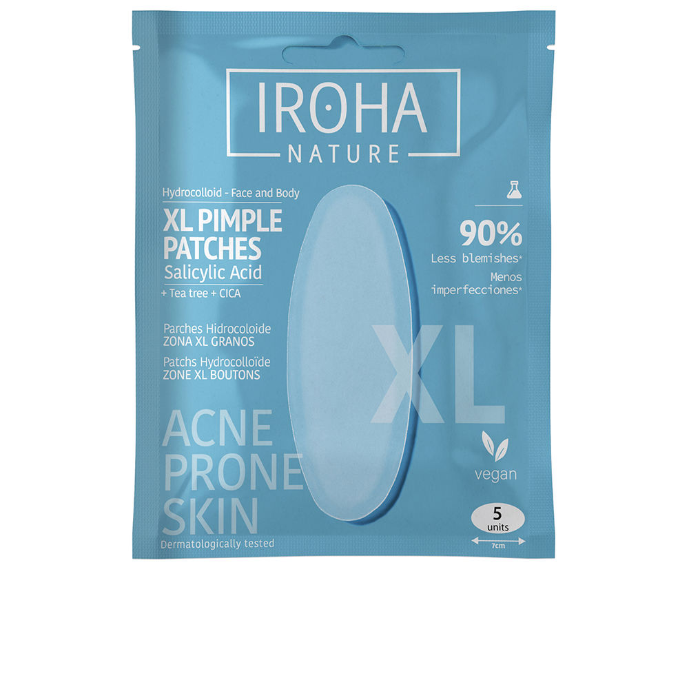 208026.jpg Product container of Iroha Acne Prone Skin Hydrocolloid XL Patches, a patch indicated for treating acne blemishes.