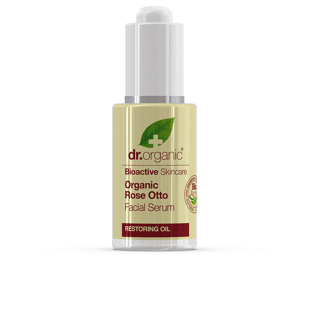 50025849.jpg Bottle of Dr. Organic Rosa Damascena Facial Serum by Dr. Organic, a facial serum indicated for hydrating sensitive skin.